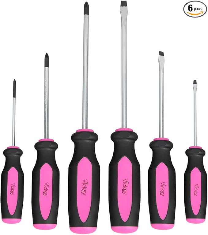 Vickay Magnetic Screwdrivers Set, 6 Pieces Slotted & Phillips Screwdriver with Permanent Magnetic Tips, Ergonomic Comfortable Handle,Rust Resistant Heavy Duty DIY Hand Tool Kit - Pink