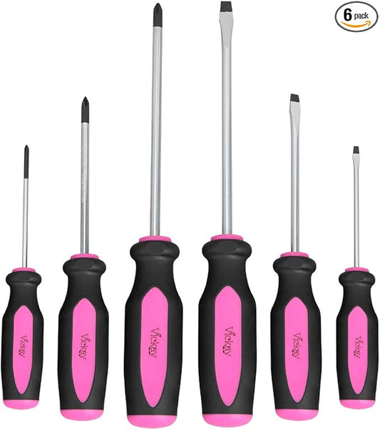 Vickay Magnetic Screwdrivers Set, 6 Pieces Slotted & Phillips Screwdriver with Permanent Magnetic Tips, Ergonomic Comfortable Handle,Rust Resistant Heavy Duty DIY Hand Tool Kit - Pink