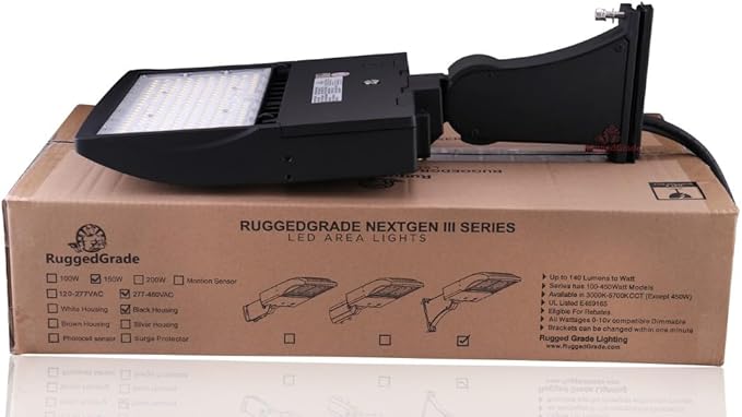 RuggedGrade High Voltage 277-480V - 150 Watt LED NextGen III Parking Lot Lights - 21,000 Lumen - 5000K - Black - ARM Mount - Without photocell