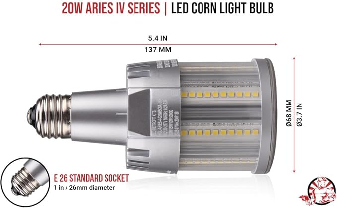 RuggedGrade Aries IV Series 20W LED Corn Bulb | 3,000 Lumens | 5000K | E26 Base | Energy-Efficient LED Lighting | DLC 5.1 Premium
