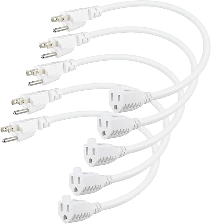SPARKING 1 Foot Short Extension Cord - 12in White AC Mini Indoor 3 Prong Extension Cord,Single Outlet Saver Electrical 16AWG 125V 13Amp Small Short Grounded Appliance Power Extension Cord [5 Pack]