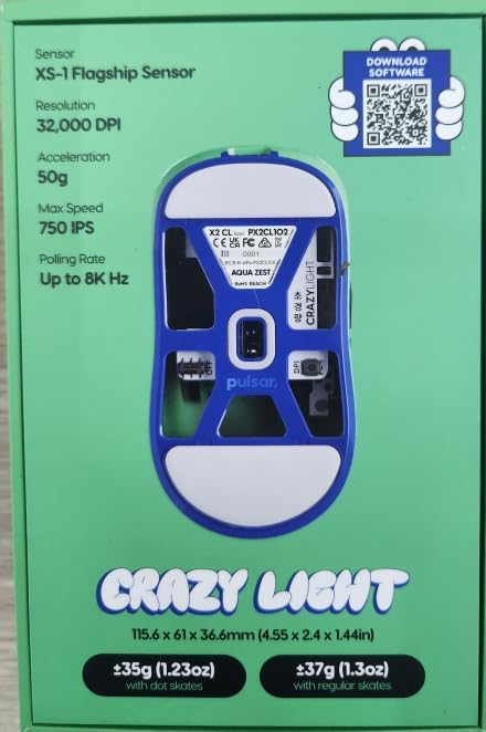 Pulsar Gaming Gears X2 Crazylight Wireless Gaming Mouse, Ultra Lightweight 1.23 oz (35g), Optical Switch, 32000 DPI, 750 IPS, XS-1 Sensor, 8k Compatible (Aqua Zest)