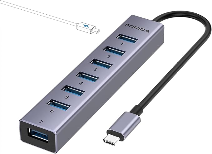 FORIDA USB C Hub, 8 Ports USBC HUB with 7 USB 3.0 Data Ports, Aluminum Alloy Shell USBC Splitter with USB C 5V/3A Power Port Compatible with MacBook, iPad, Surface Pro, XPS, PC and More