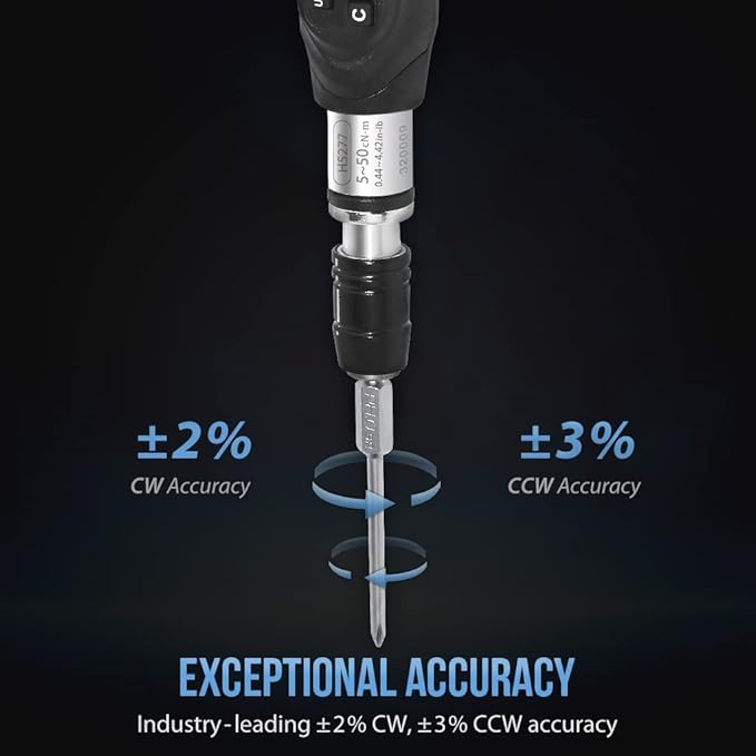 FIRSTINFO H5277U Digital Torque Screwdriver, Dual Direction 0.44-4.42 in-lbs. / 5-50 cN-m / 0.51-5.1 kg-cm, with 250 Data Memory, LED and Buzzer Notification, Preset Memory
