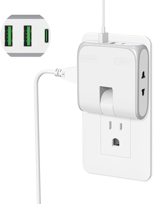 Flat Wall Outlet Extender with USB Charging Ports, HICITY 180° Swivel Power Strip 2 USB Ports, 2 Prong Folding Plug for Tight Spaces, Type A Ultra Thin Design (White)