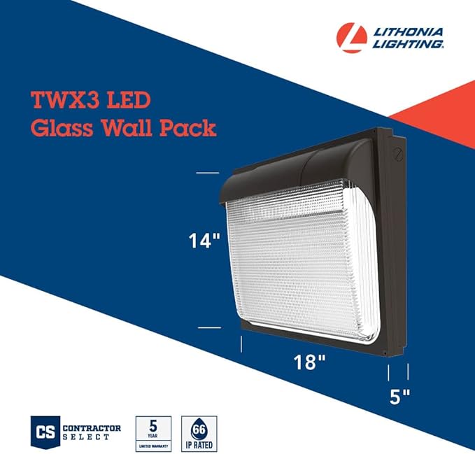 Lithonia Lighting 18" LED Wall Pack Outdoor Light Fixture, Building Wall Light, Adjustable Lumens, 4000K Cool White, MVOLT 120-277V, IP65, Glass Lens, Bronze (TWX3 LED ALO 40K MVOLT DDBTXD)