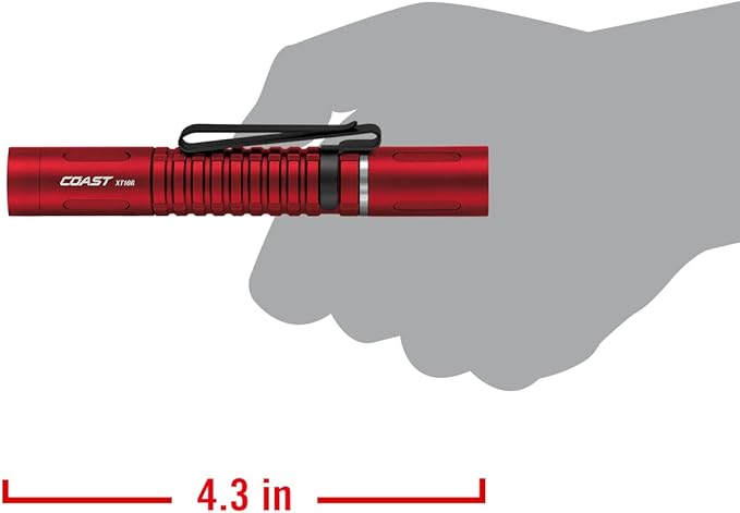 COAST XT10R 280 Lumen USB-C Rechargeable Pocket Flashlight/Penlight with TWIST FOCUS and Two-Way Clip, 3 Bite Caps included, Pocket Size for EDC, Work and Emergencies, RED