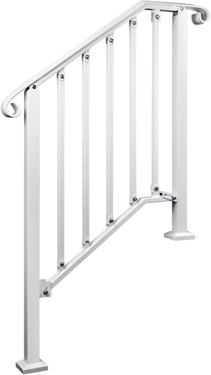 Adjustable Handrails for Outdoor Steps, Handrail Picket #2 Hand Rails for Outdoor 2 or 3 Steps, Mattle Wrought Iron Handrail, Stair Rail with Installation Kit for Outdoor Steps, White