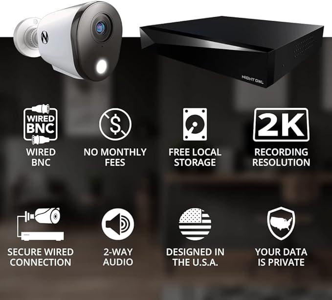 Night Owl 2-Way Audio 12 Channel DVR Video Home Security Camera System with (4) Wired 2K HD Indoor/Outdoor Deterrence Cameras and 2TB Hard Drive (Add up to 4 More Wired and 4 Wi-Fi Cameras) (4 Camera)