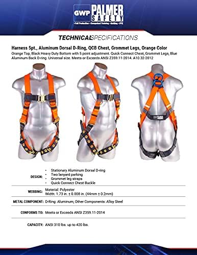 Palmer Safety Construction Harness 5 Point Adjustment, Back D-Ring, Grommet Legs, Multiple Styles I OSHA ANSI Compliant