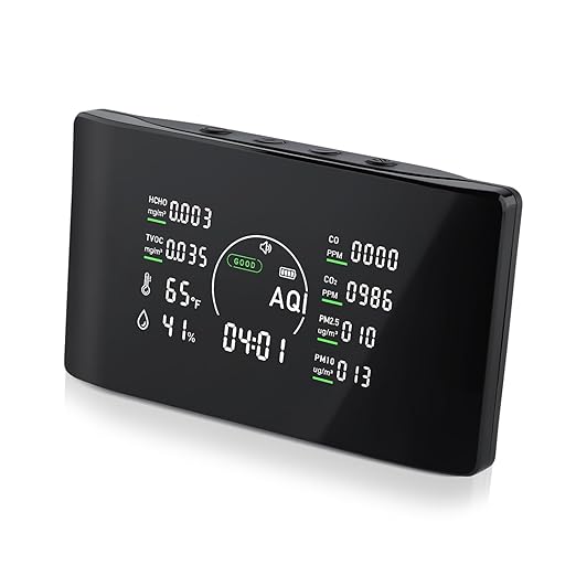 16 in 1 Air Quality Monitor Indoor 9 AQI Detector& 7 AQI Alerts with Portable Sensors for HCHO, TVOC, CO2, PM2.5, PM10, Temperature & Humidity, Formaldehyde,CO2 Detector,Suitable for Home,Black