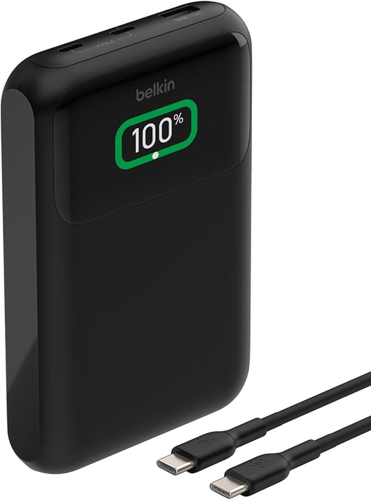 Belkin Portable Charger, 3-Port Laptop Power Bank 20000 mAh - USB-C & USB-A Ports, 65W iPhone Charger Fast Charging - MacBook, Apple iPhone 16, iPad, Samsung Galaxy S25, Nintendo Switch 2, etc - Black