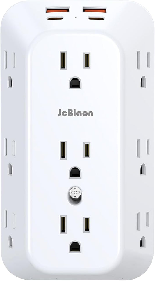 Outlet Extender Wall Charger with Multi Plug Adapter 9 AC Outlets 4 USB Charging Ports 1875W 1050J Surge Protector Power Strip Spaced Splitter for Home, Travel, Dorm Room Essentials