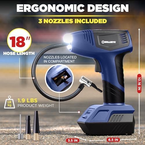 Bullseye Pro Tire Inflator Portable Air Compressor, Car Tire Inflator Portable, Portable Air Pump for Car Tires - 150PSI, 12V DC 1500 mAhs with Tire Pressure Gauge, Rechargeable As Seen On TV(Blue)