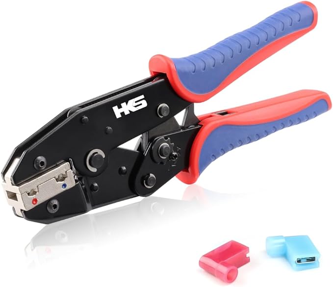 HKS Crimping Tool for Insulated Flag Terminals - Ratcheting Wire Crimpers - AWG 22-14 (0.5-2.5mm²) - Ratchet Terminal Crimper - Electrical Crimping Tool