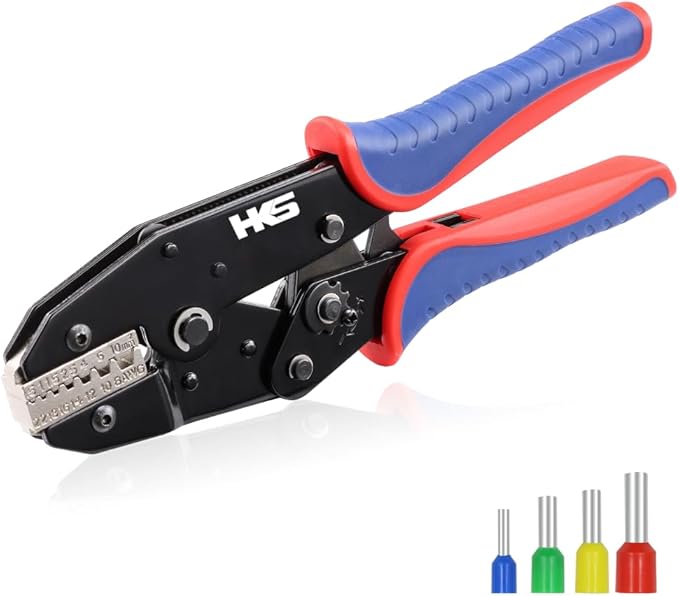 HKS Crimping Tool for Sleeves Ferrule Terminals & Pin Cord End- Ratcheting Wire Crimpers - AWG 22-8 (0.5-10mm²) - Ratchet Terminal Crimper - Electrical Crimping Tool
