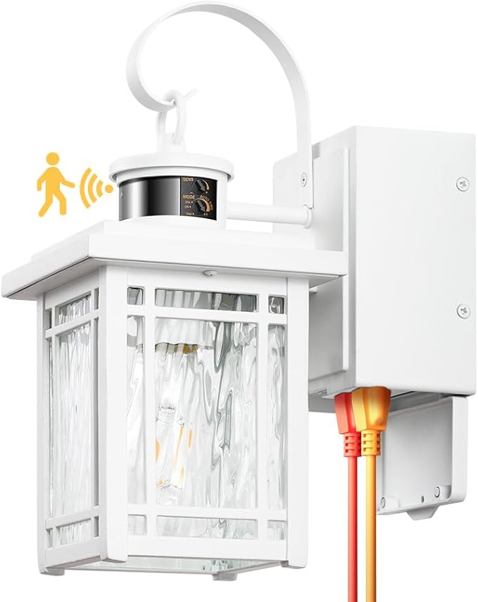 Outdoor Porch Light with GFCI Outlet, White Exterior Lighting Fixtures Wall Mount, Motion Sensor Outdoor Wall Sconce, Anti-Rust Coach Lights for Garage, Modern Patio Lantern Lights for House