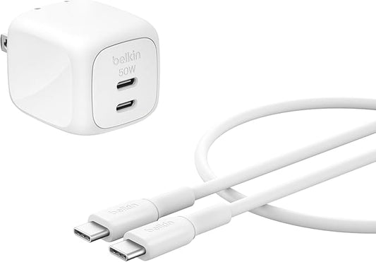 Belkin 2-Port USB C Charger Block 50W, Dual-Port GaN Charger w/ 2X USB C Ports & Included 1M C-C Cable, Fast Charging for MacBook, iPhone, iPad, Chromebook, Galaxy, Pixel - Travel Essentials - White