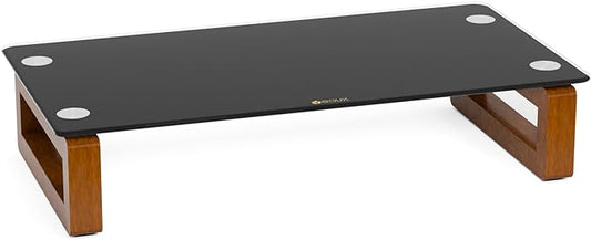 YEOUX Black Glass Computer Monitor Stand Riser with Wooden Base for Flat Screen LCD, LED TV, Laptop, Printer, Multi Media Desktop Stand, Office Supplies Desk Organization