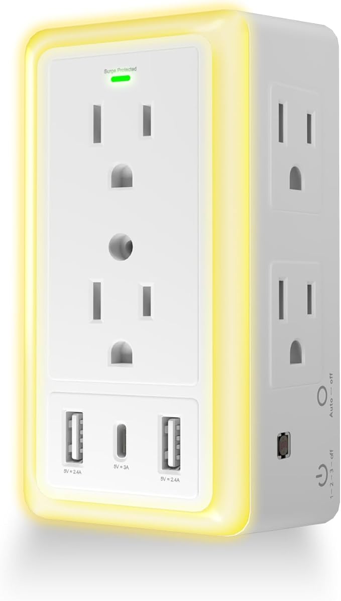 Surge Protector, Multi Plug Outlet Extender with Night Light for Home, Office, School, 6-Outlet Splitter and 3 USB Ports(1 USB C), Wall Charger Power Strip, FCC Listed