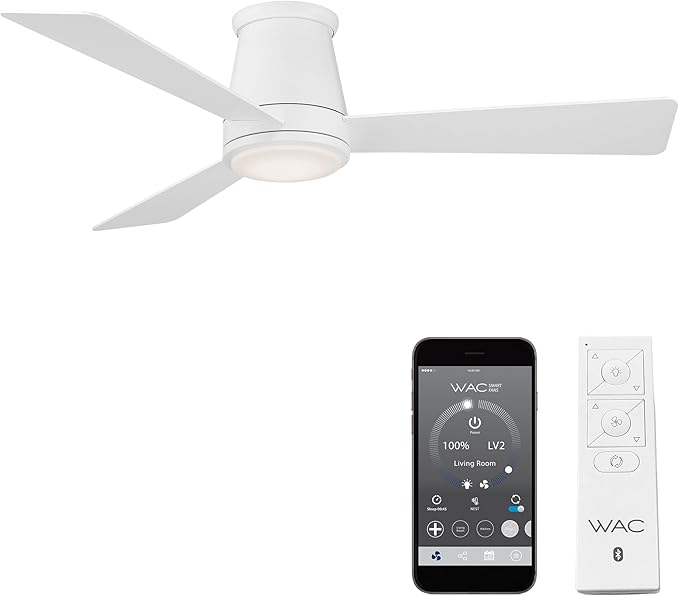 WAC Smart Fans Hug Indoor and Outdoor 3-Blade Flush Mount Ceiling Fan 52in Matte White with 3000K LED Light Kit and Remote Control works with Alexa and iOS or Android App