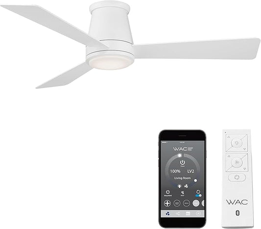 WAC Smart Fans Hug Indoor and Outdoor 3-Blade Flush Mount Ceiling Fan 52in Matte White with 3000K LED Light Kit and Remote Control works with Alexa and iOS or Android App