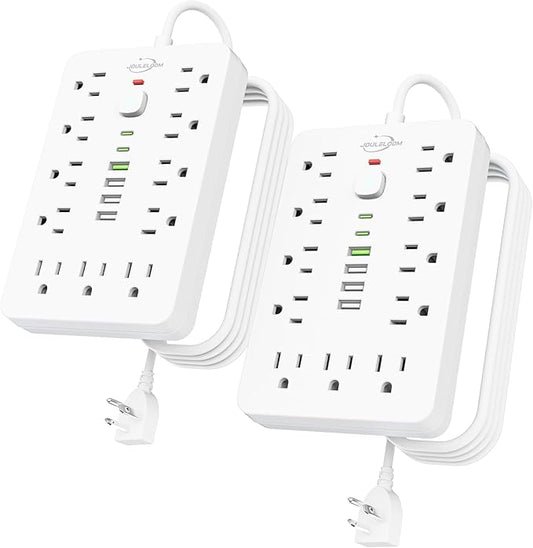 2 Pack 5 FT Flat Plug Surge Protector Power Strip,11 Multiple AC Outlets with 6 USB Ports (2 USB C), 5 Feet Extension Cord, 1250W/10A, One Touch Switch Button, 17 in 1 Compact powerstrip