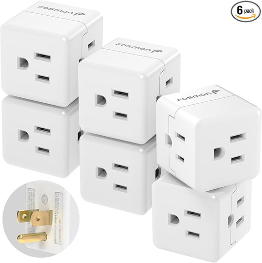Fosmon 3 Outlet Wall Adapter Cube Tap, 6 Pack, 90 Degree Wall Tap Triple Power Adapter, Outlet Splitter 3 Prong, Multi Plug Outlet, 3 Way Plug Adapter, Outlet Extender for Home or Travel, ETL Listed