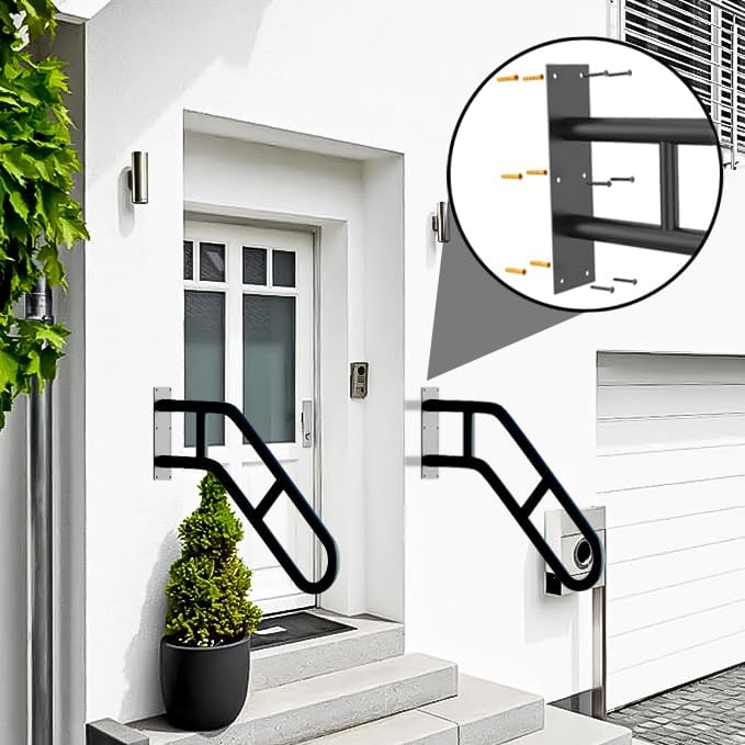 2 Pack Bent Stair Handrails for Outdoor Steps，Hand Railings for 1-3 Steps with Black Matte Finish，Wall Mounted Railings Safety Grab Bar with 2 Anti-Skid Crossbar for Garage, Porch, Garden, Yard