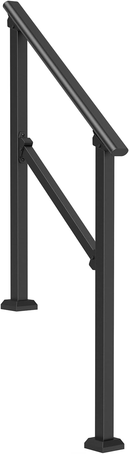 VEVOR Handrails for Outdoor Steps, 2-3 Step Stair Hand Rail Kit, Transitional Carbon Steel Railings with Installation Kit, Stair Rails for Seniors, Concrete Steps & Porch & Deck, Black Square Tube