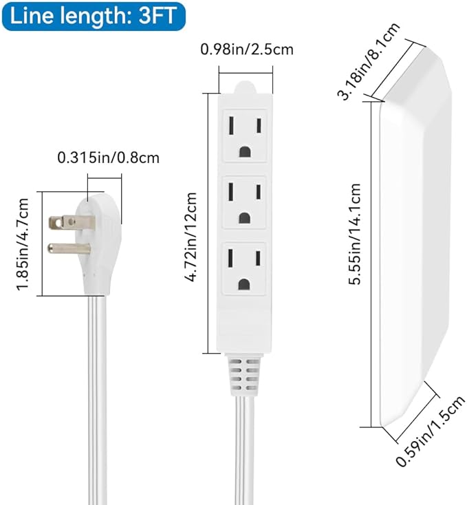 CILIA Flat-Face Outlet Extender, Ultra-Thin Wall Plate Plug with Cord Extender, 3 Outlets Power Strip, Childproof 3ft Extension Cord with Outlet Cover, Space-Saving, Hide Cords for Home, Office, White