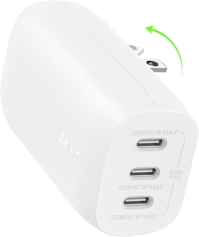 Belkin 3-Port USB C Charger Block 67W - PPS, USB-C PD3.1 Super Fast Charging Charger - Samsung Galaxy S25, Apple iPhone 16, MacBook Pro, AirPods, Nintendo Switch 2 & Other PD Enabled Devices - White
