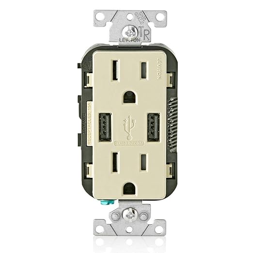 Leviton T5632-I Type-A USB in-Wall Charger with 15A Tamper-Resistant Outlet, USB Charger for Smartphones, Ivory