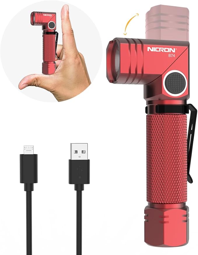 NICRON Flashlight, 700 Lumens 90 Degree Pocket Flashlight Rechargeable IP65 Waterproof 5 Modes for Camping, Outdoor, Hiking, Car Repairing, Red