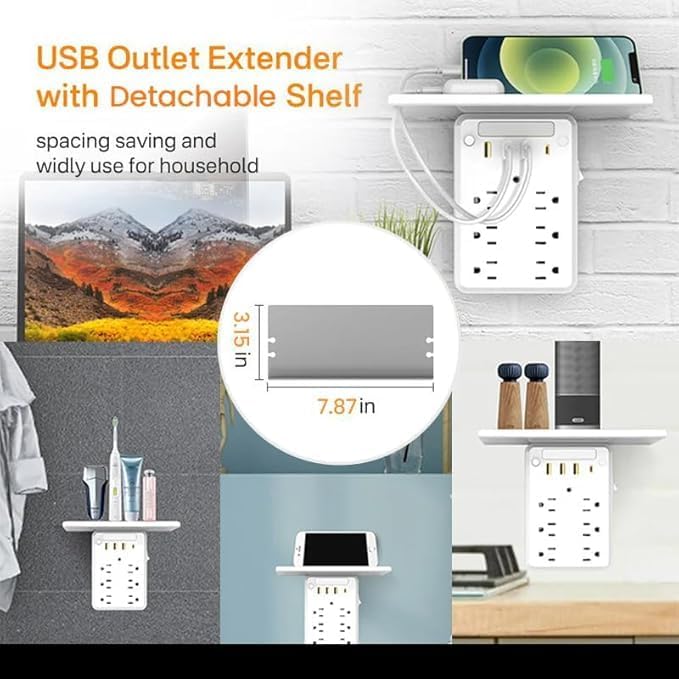 Multi-Plug Outlet with Night Light,6 Outlet Extender with 3 USB Ports,USB Wall Charger for Home, Office, Travel (with Tray)