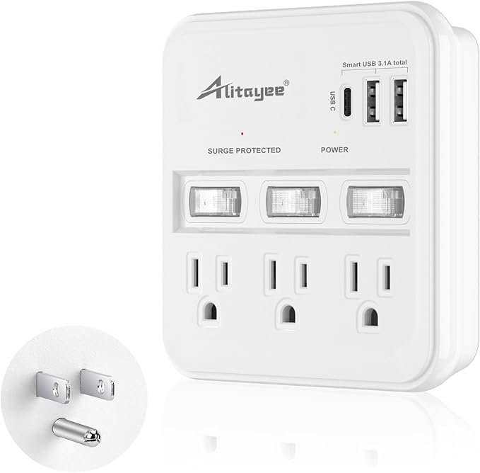 Alitayee Wall Outlet Extender Surge Protector, USB Power Strips with Individual Switches and 15.5W Type-C Fast Charging Ports for Cell Phone,Home,Office,Dorm ETL Listed White