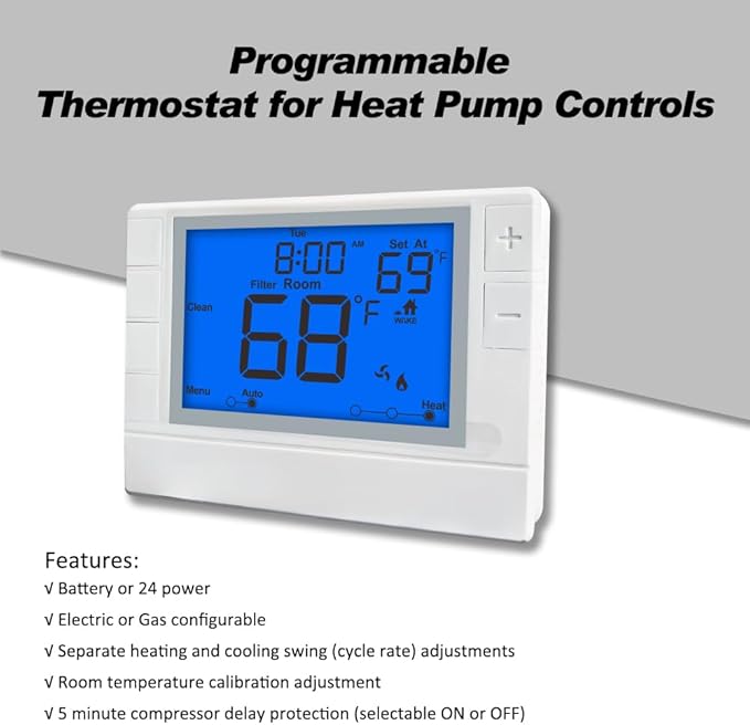 Super Programmable Thermostat for Home，2 Heat/1 Cool Heat Pump Or 1 Heat/1 Cool Conventional Systems, Blue Backlight