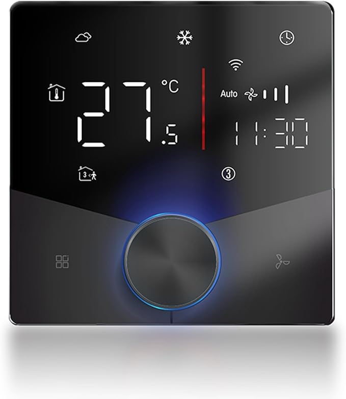 Central AC Thermostat Smart Energy Saving Control LED Panel Touch Key Thin Wall Mount Cool Lighting Effect WiFi Air Conditioner Thermostat for Home (Black)