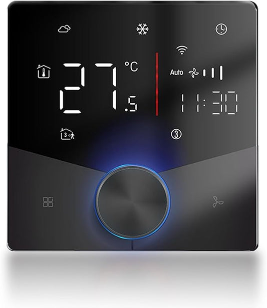 Central AC Thermostat Smart Energy Saving Control LED Panel Touch Key Thin Wall Mount Cool Lighting Effect WiFi Air Conditioner Thermostat for Home (Black)