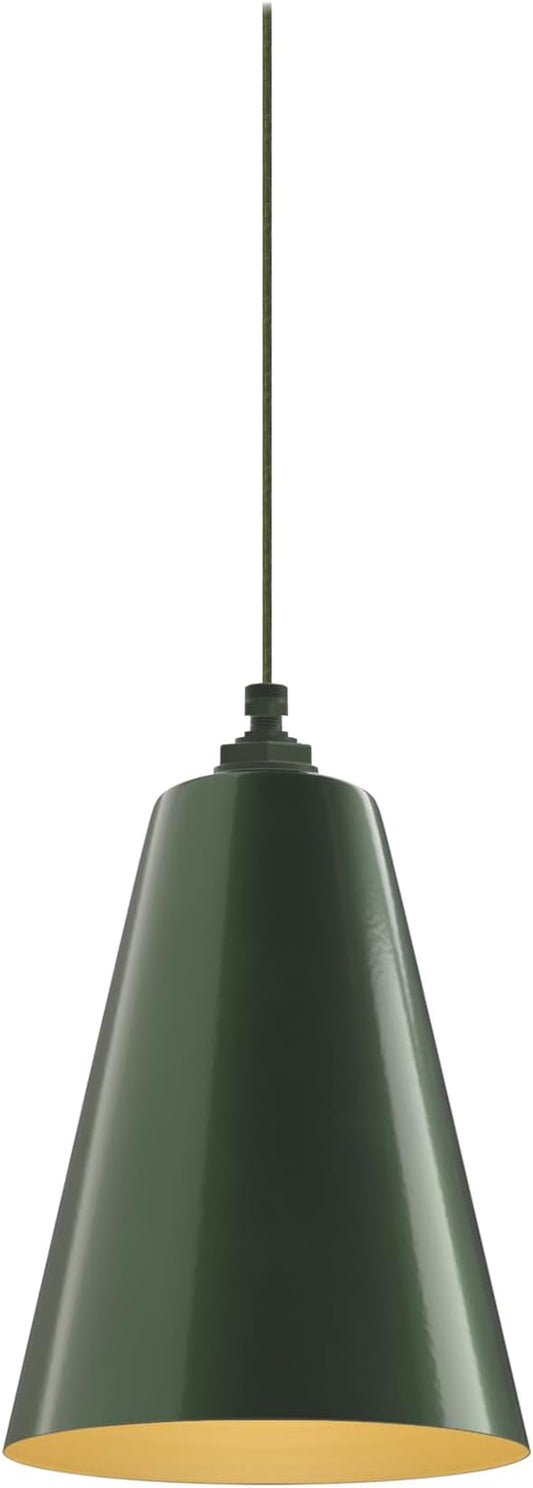 Steel Lighting Co. Laurel Pendant Light | Ceiling Mounted | 8.5 inch Cone Shade | Modern Contemporary Farmhouse Style Made in America | Avocado Cloth Cord | Hunter Green Exterior/Brass Interior