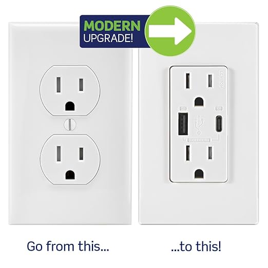 Leviton T5634-I 60W (20V@2.5A+ 5V@2A) USB Dual Type A/Type-C Power Delivery in-Wall Charger with 15A Tamper-Resistant Outlet, USB Charger for Smartphones, Tablets, Laptops, Ivory