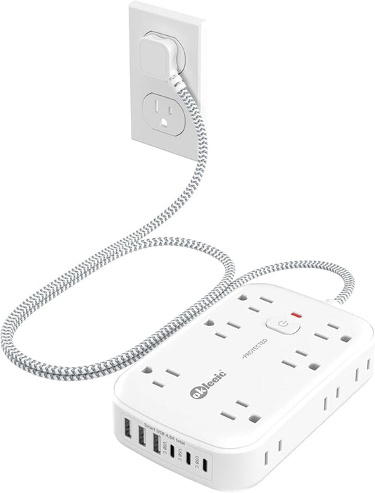 Flat Multi Plug Extender with 6 USB Wall Charger(3 USB C), 12 AC Outlets Wall Adapter, 3 ft Thin Extension Cord, Flat Plug Surge Protector Power Strip (2100J) for Home, Office, College Dorm. White