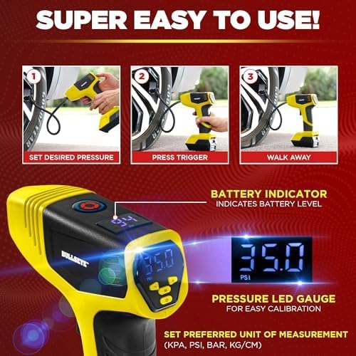 Bullseye Pro Tire Inflator Portable Air Compressor, Car Tire Inflator Portable, Portable Air Pump for Car Tires - 150PSI, 12V DC 1500 mAhs with Tire Pressure Gauge, Rechargeable As Seen On TV(Yellow)