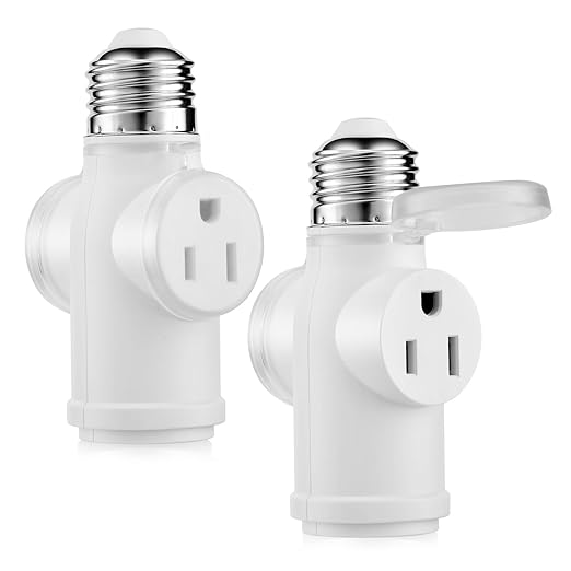 Onite Light Socket Outlet Adapter, Update to 3 Prong Plug Splitter with Waterproof and Dustproof Cover for Outdoor & Indoor, (White, 2-Pack)
