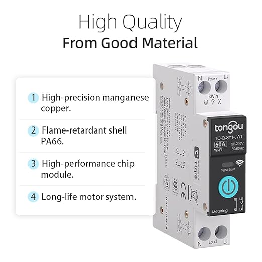 DIY 1P+N Smart Wi-Fi Switch, Work with Alexa and Google Assistant for Voice Control, 50A with Energy Monitor, Smart Life/Tuya APP Remote Control, Timer Functions, DIN Rail Mounted,FCC Certified