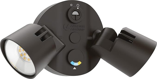 Lithonia Lighting HomeGuard 2-Light LED Outdoor Flood Lights, Outdoor LED Lights, Dusk to Dawn Sensor, Adjustable Lumens, Selectable Color, Round Heads, Dark Bronze (HGX LED 2RH ALO SWW2 120 PE DDB)