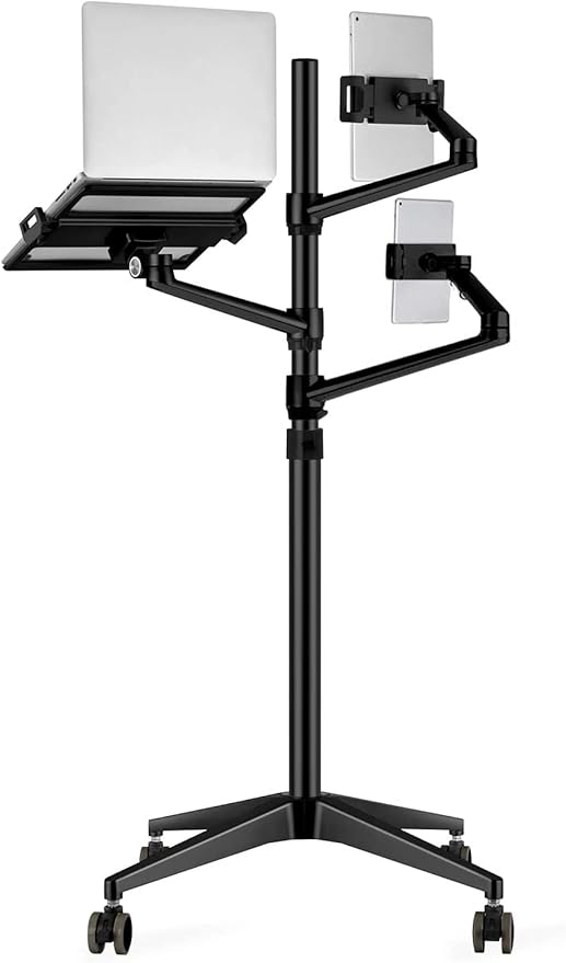 Triple arm Height Adjustable Stand Mount with Rolling Wheel for Laptop(11-17 inch) and Compatible with ipad iPad pro 12.9 inch/Tablet/Ereader (Black)