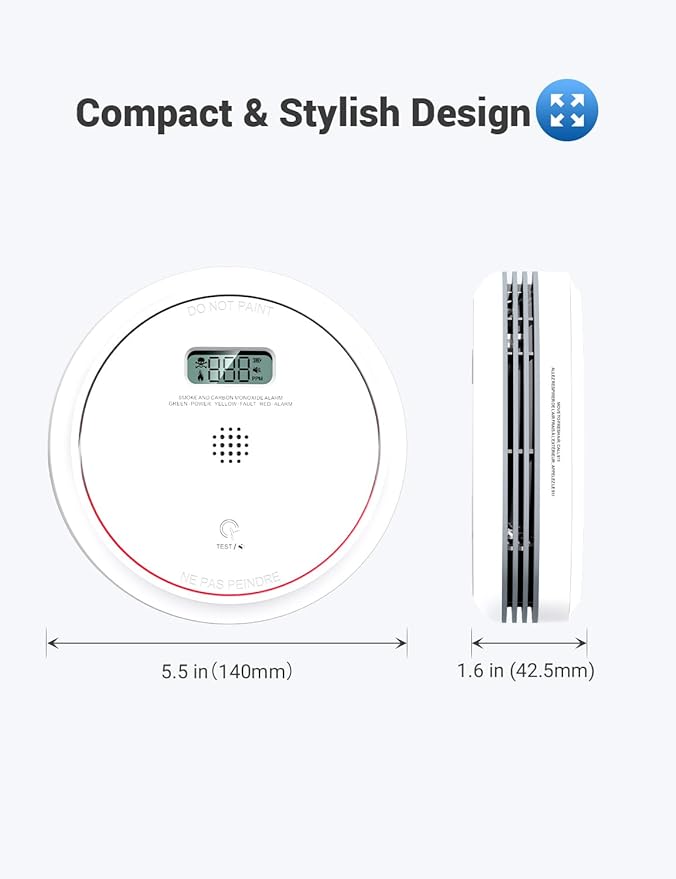 Smoke and Carbon Monoxide Detector Combo 10 Year Battery, Dual Sensor Smoke Alarm Carbon Monoxide Detector with LCD Display for Home, 4 Packs