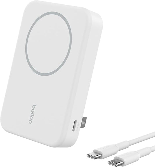 Belkin Portable Charger, Power Bank 10000 mAh w/ Qi2, iPhone Charger - MagSafe Charger w/Built-in Pop-up Kickstand for iPhone 16, 15, 14, 13, Plus, Pro, Pro Max, Google Pixel 10, etc. - White