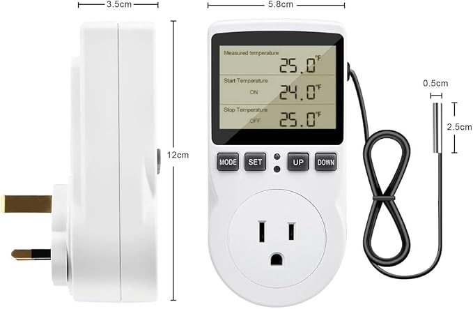 Diymore 1800W Plug in Thermostat Temperature Controller Electric Digital RV Thermostats Heating Cooling Control Mode Timer White 120V 15A Digital Temperature Controller Thermostat Timer LCD Display